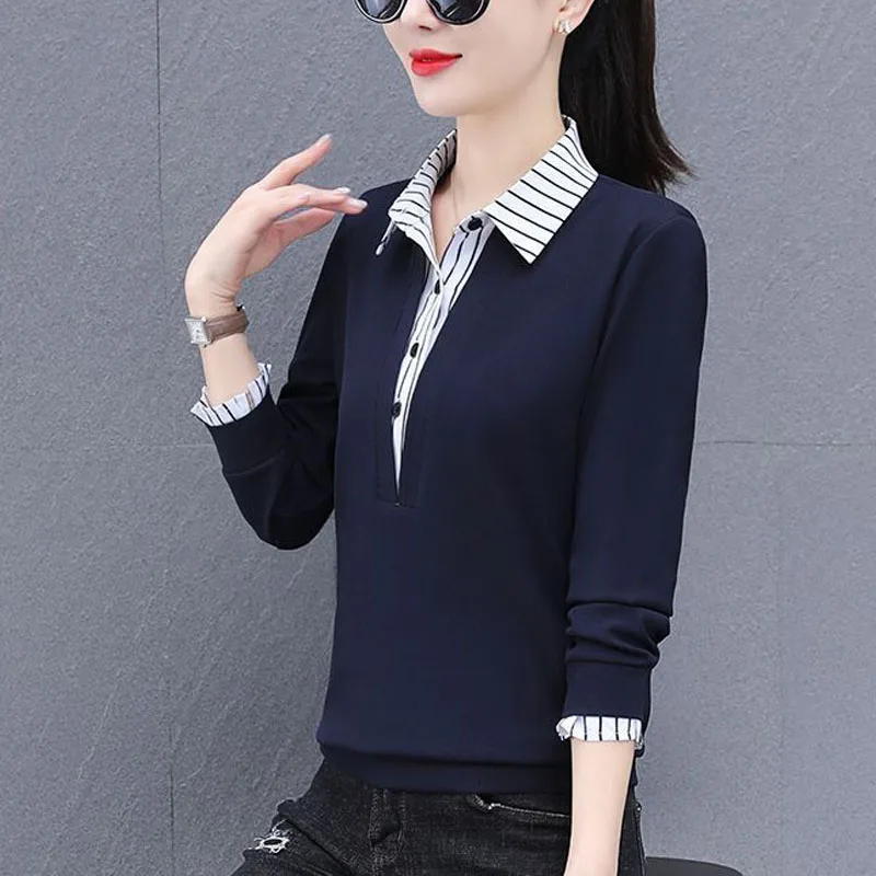 2024 Women\'s New Spring Autumn Korean Version Polo-Neck Button Spliced Fashion Loose Casual Long Sleeve Fake Two Shirts Tops