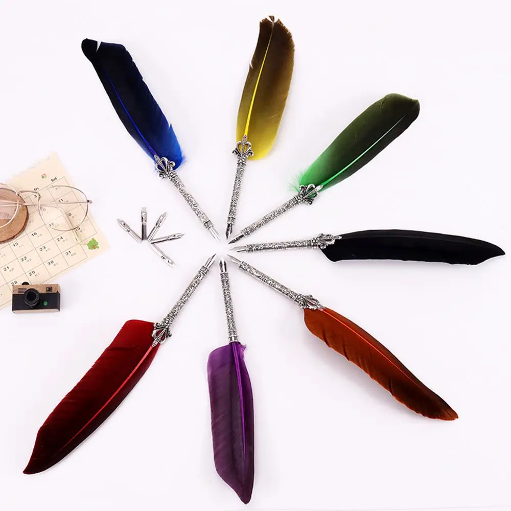 1 Set New Luxury Feather Pen 5 Nib Vintage Quill English Calligraphy Signature Pen European Gift Box Scuba Dive Writing Tools