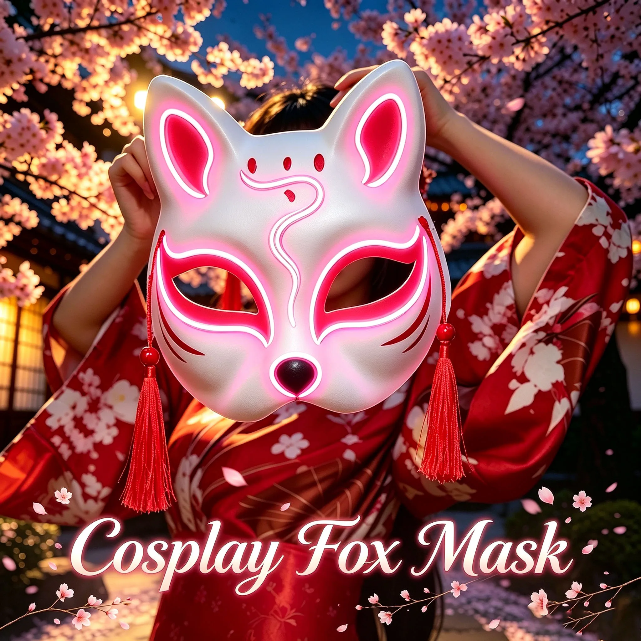 Halloween Cosplay LED Light Up Fox Mask Japanese Half Face Cat Kitsune Mask Red Tassel Masquerade Costume Party Decor Mask