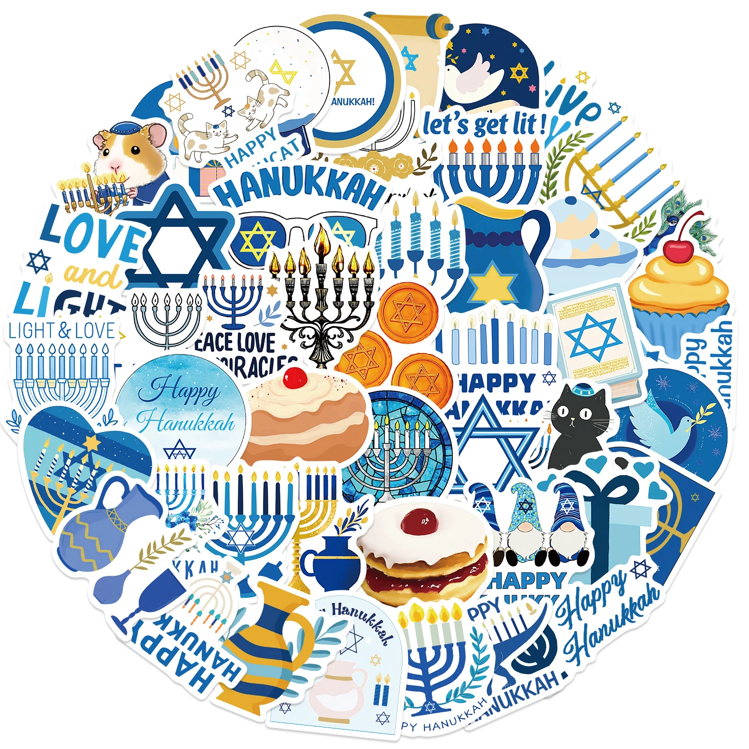 50pcs Happy Hanukkah Stickers Jewish Holiday Decals For Scrapbook Laptop Phone Case Envelope Label DIY Aesthetic Stickers