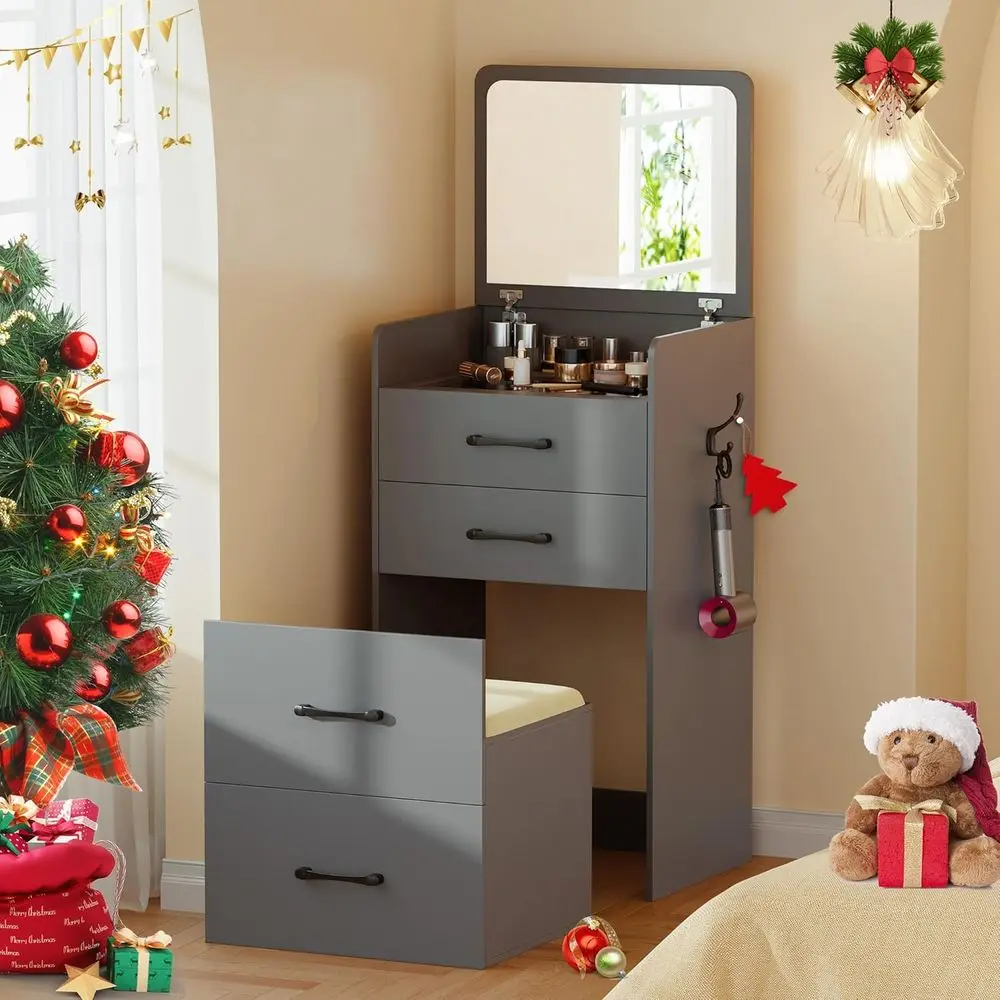 

Gurexl 3 in 1 Vanity Desk with lip Top Mirror,Small Compact Vanity with Visible Glass Desktop,Makeup Vanity Set with 3 Ders,Cush