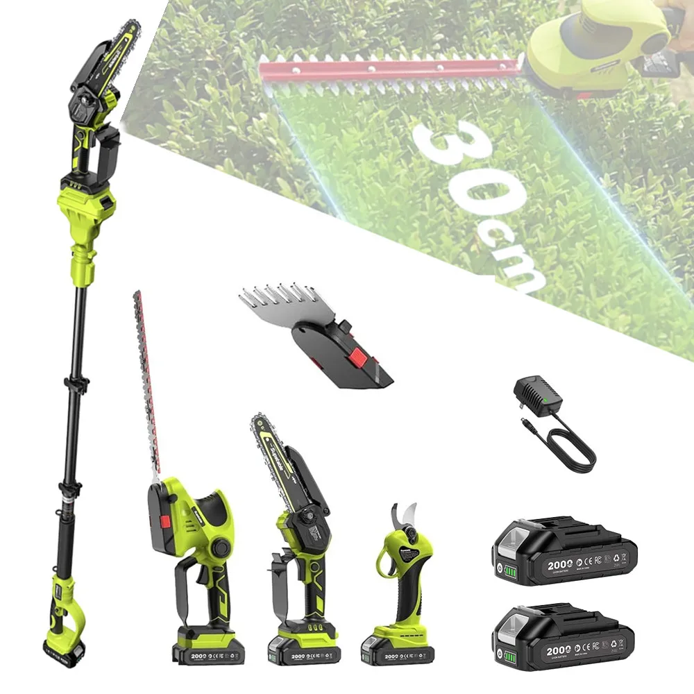 Supstable 12-Zoll Elektrische Heckenschere & Astschere 8-in-1 Gartenwerkzeug zum Schrubben und Beschneiden, 6-Zoll Grasschere, Teleskop-Kettensäge, Bürstenlose Hochastsäge, Kabellose Leistungsstarke