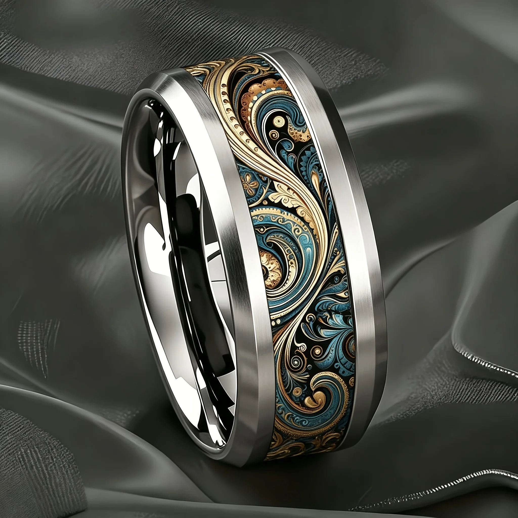SUNFLOWER Colorful Waves Men Stainless Steel Rings Unique Sticker Non-fading Wedding Band Polished Double Bevel Ring Wholesale