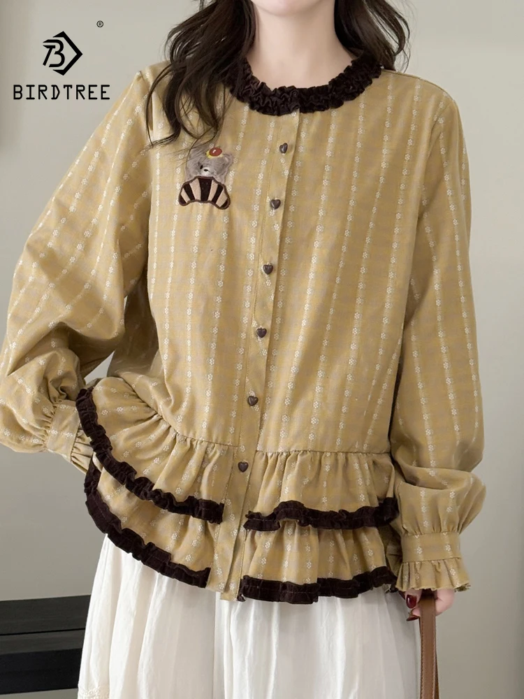 

Новая летняя женская хлопковая рубашка с длинным рукавом 2026 года, с рюшами, вышивкой и клетчатым узором, свободная блузка в стиле Mori Girl, омолаживающая образ, T64123CC