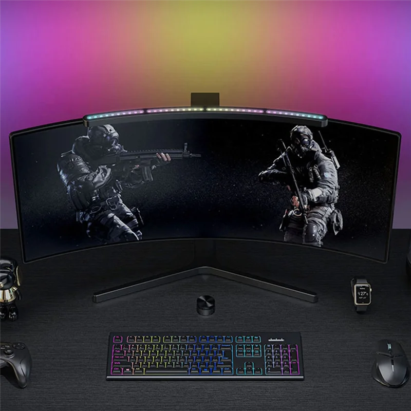 RA97 Curved Monitor Light RGB Color Sound-Sensitive Music PC Hanging Game Dimming Eye-Care Wireless Remote Control(B)