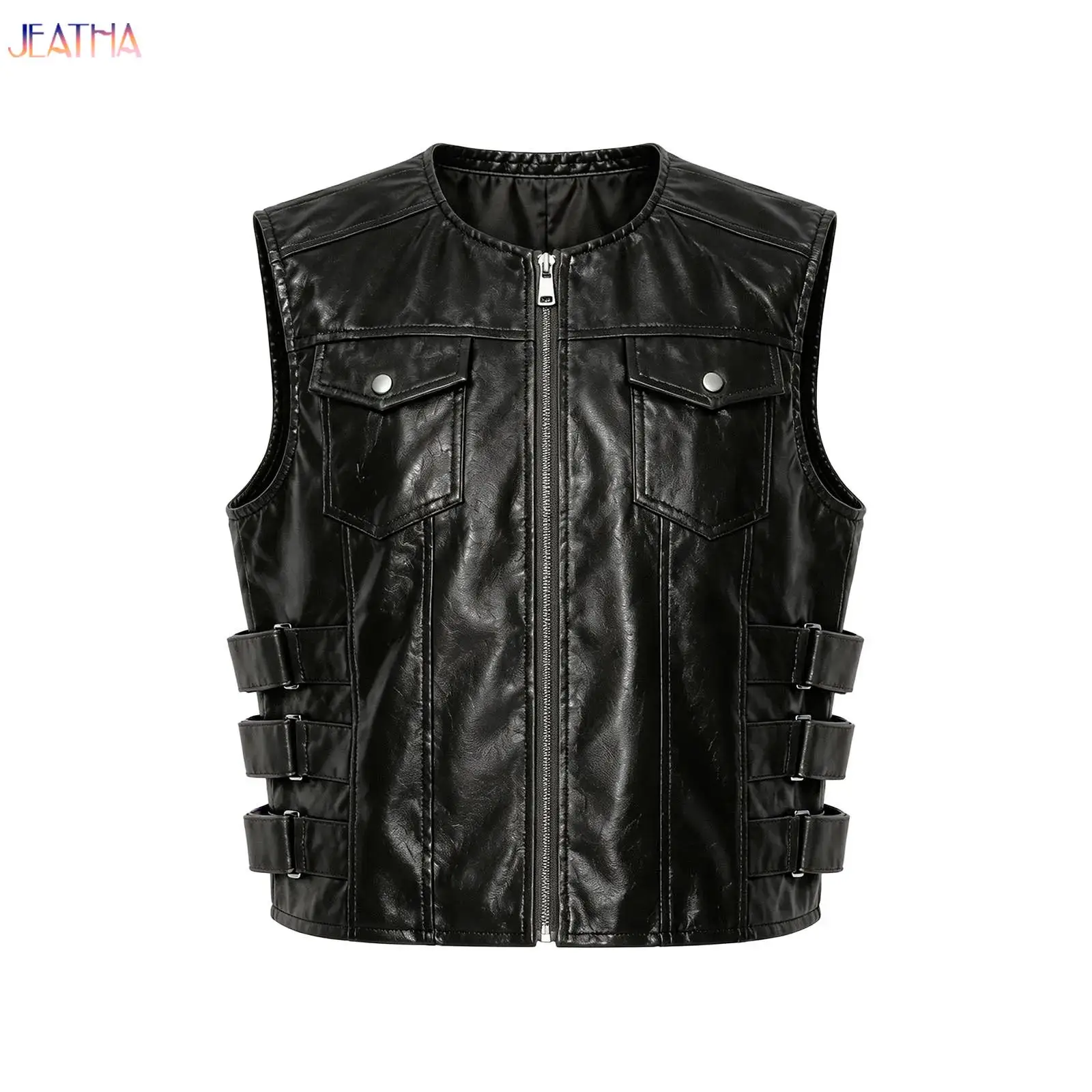 Men's Faux Leather Motorcycle Coat Vest Side Button Straps Zipper Sleeveless Jacket with Flap Pockets for Club Party Streetwear
