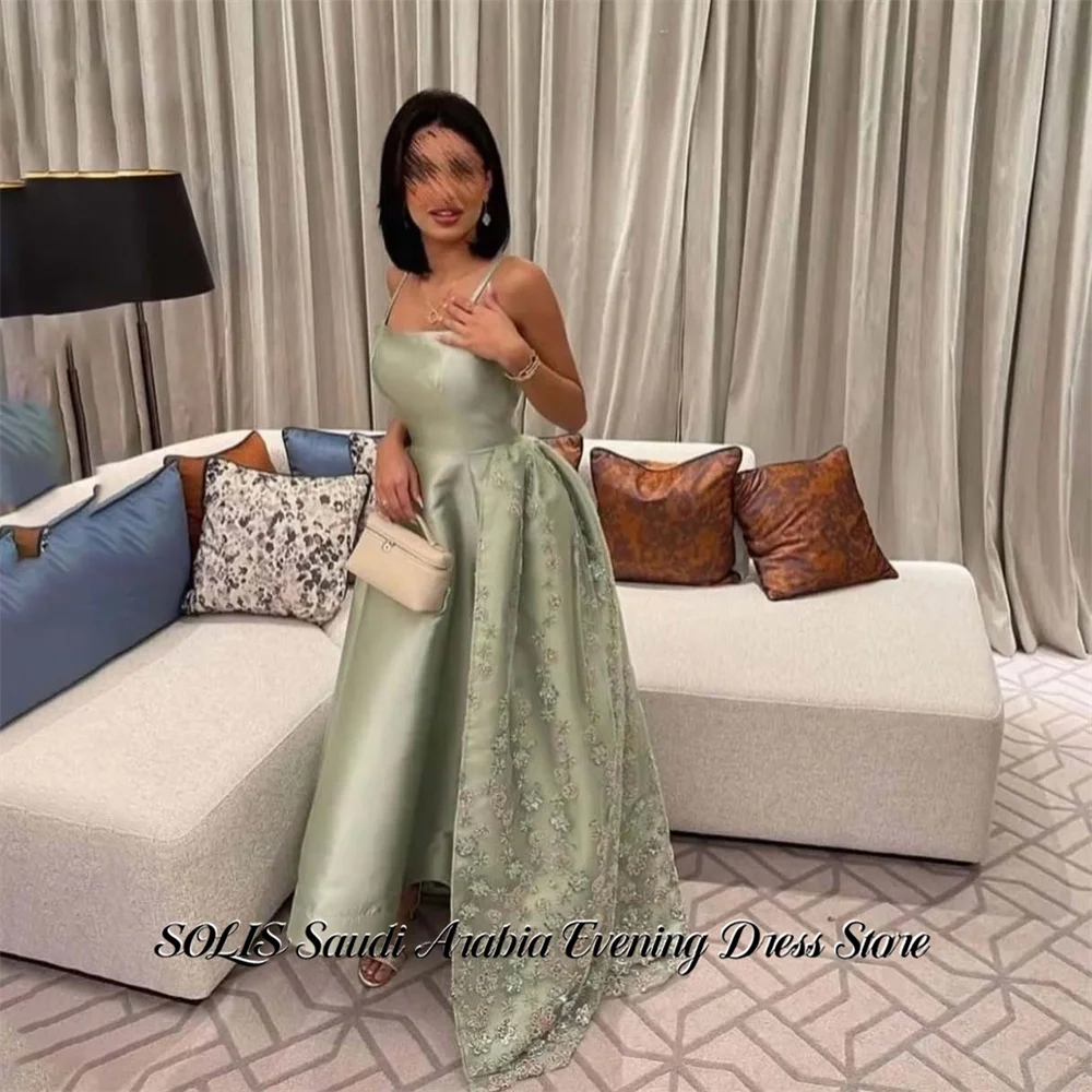 

SOLIS Sage Green Prom Dresses Spaghetti Strap Sleeveless Celebrity Dress A Line Satin Evening Dress with 3D Floral Customized