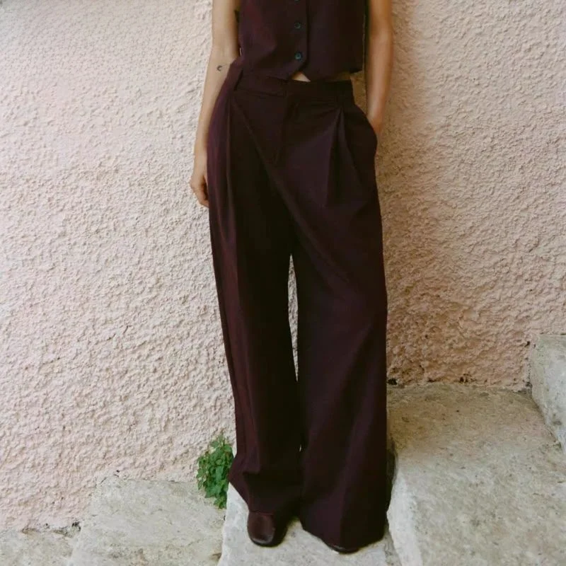 

New 2024 Women's Svel V-Ne Vest Side Slit Pleated Pants Commute Sle Regular Thin Pure Color Single Button Closure