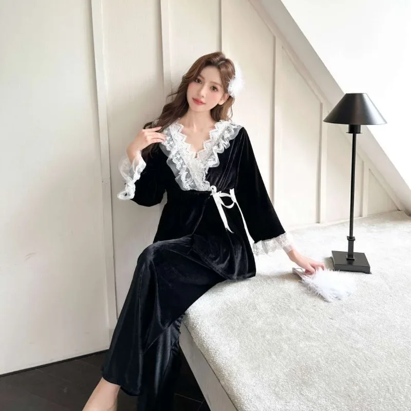 Luxury Brand Sleepwear Women Lace Pajama Sets Sexy Lace Loungewear Long Sleeve Pants Kawaii Clothing Vintage Pajamas Korean