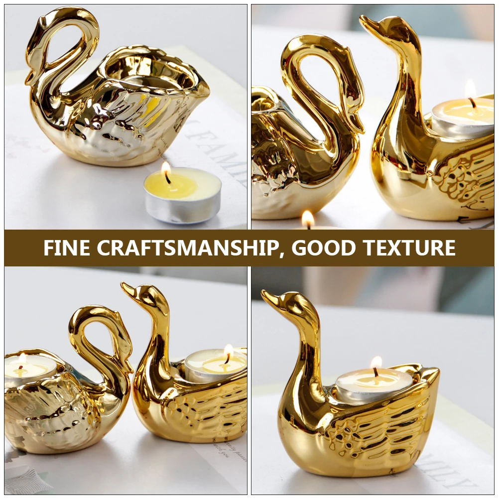 2 szt. Złote ceramiczne świeczniki w kształcie łabędzia, wykwintna i stylowa dekoracja na biurko, wielokrotnego użytku, idealne na prezent ślubny lub urodzinowy.