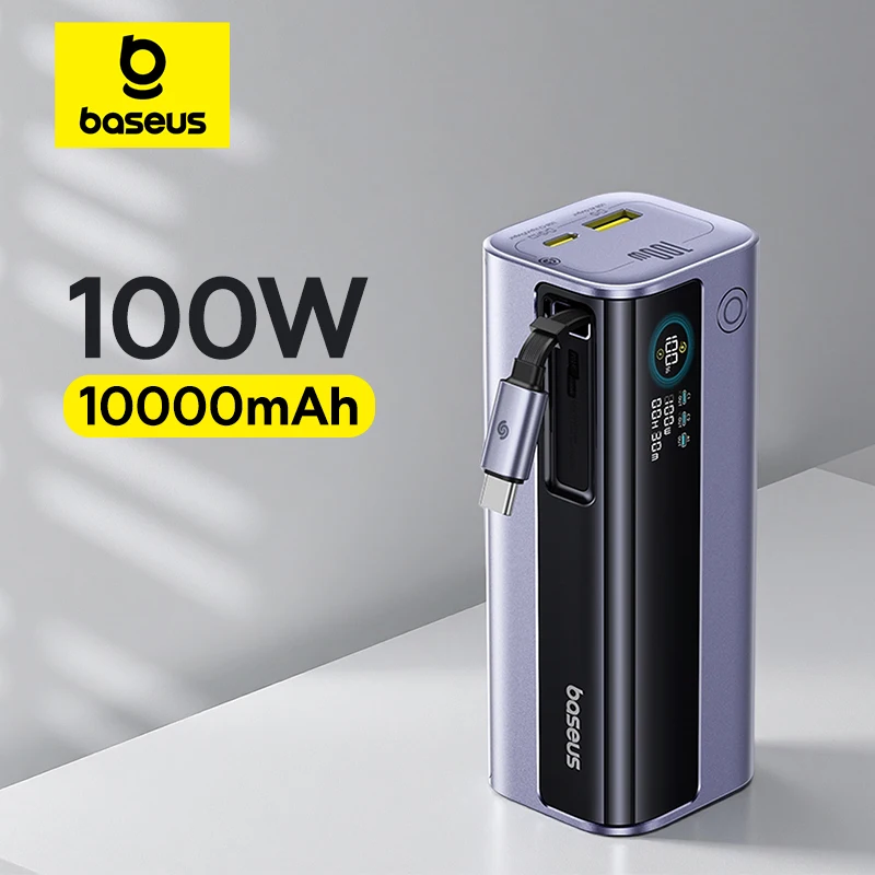 

Baseus 100W 10000mAh Power Bank Built-in Retractable USB-C Cable Portable PD External Battery Power Bank for Samsung iPad iPhone