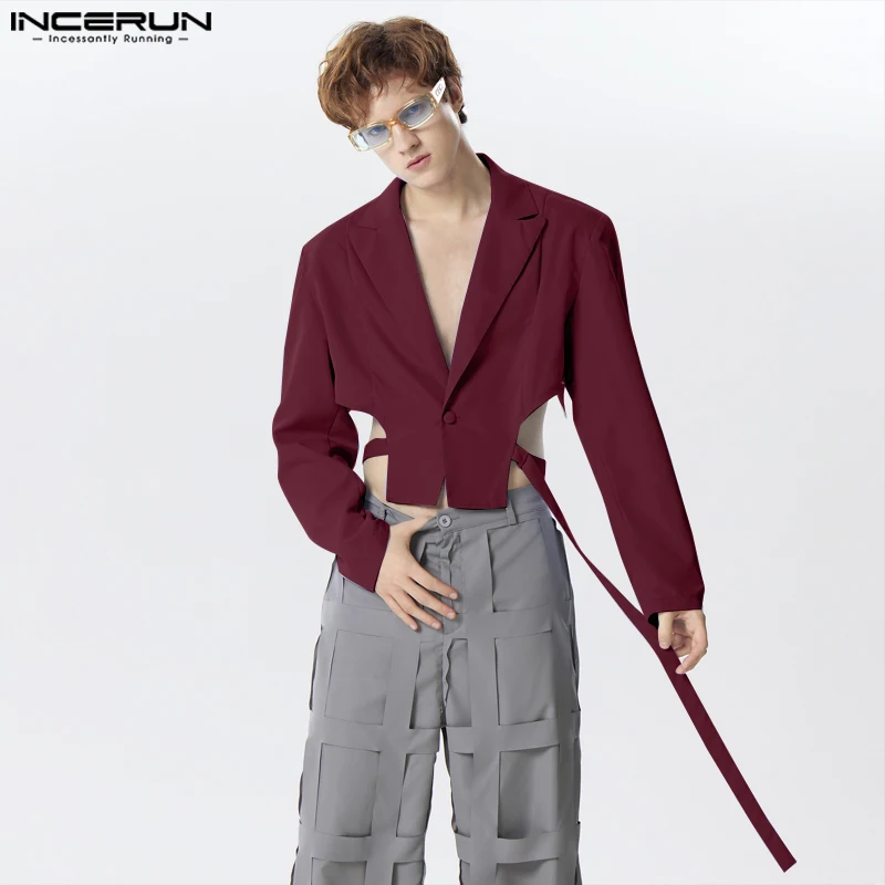 2024 Men Irregular Blazer Solid Color Lapel Long Sleeve Streetwear One Button Suits Men Fashion Casual Crop Coats S-5XL INCERUN