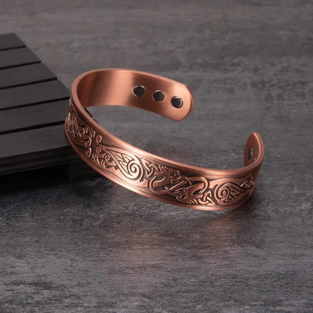 European And American Pure Copper Retro Simple Double Ring Pattern Magnet Energy Ring Bracelet Womens Men Holiday Gift Set