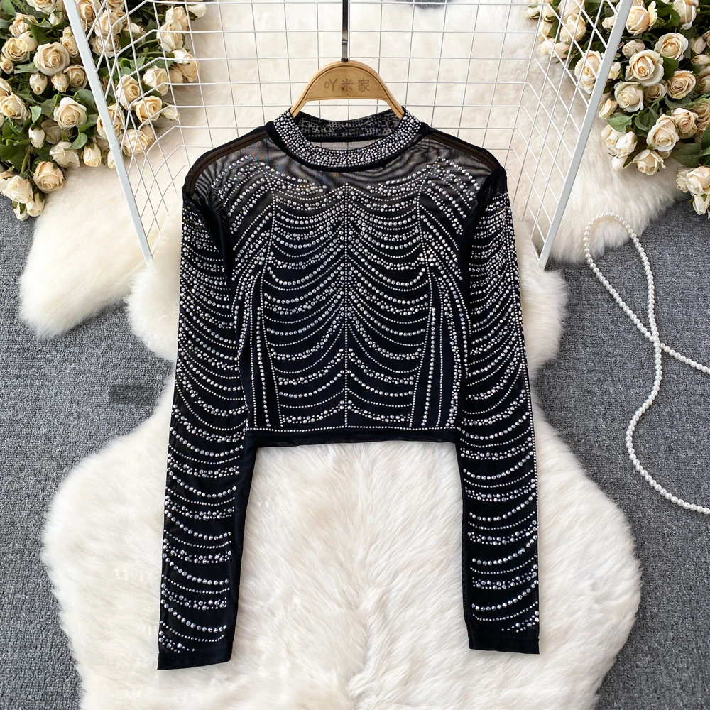 Spring Autumn Fashion Perspective Diamond Mesh T-shirt For Women Long Sleeve Slim Fit Show Thin Girls Street Style Top T-shirt