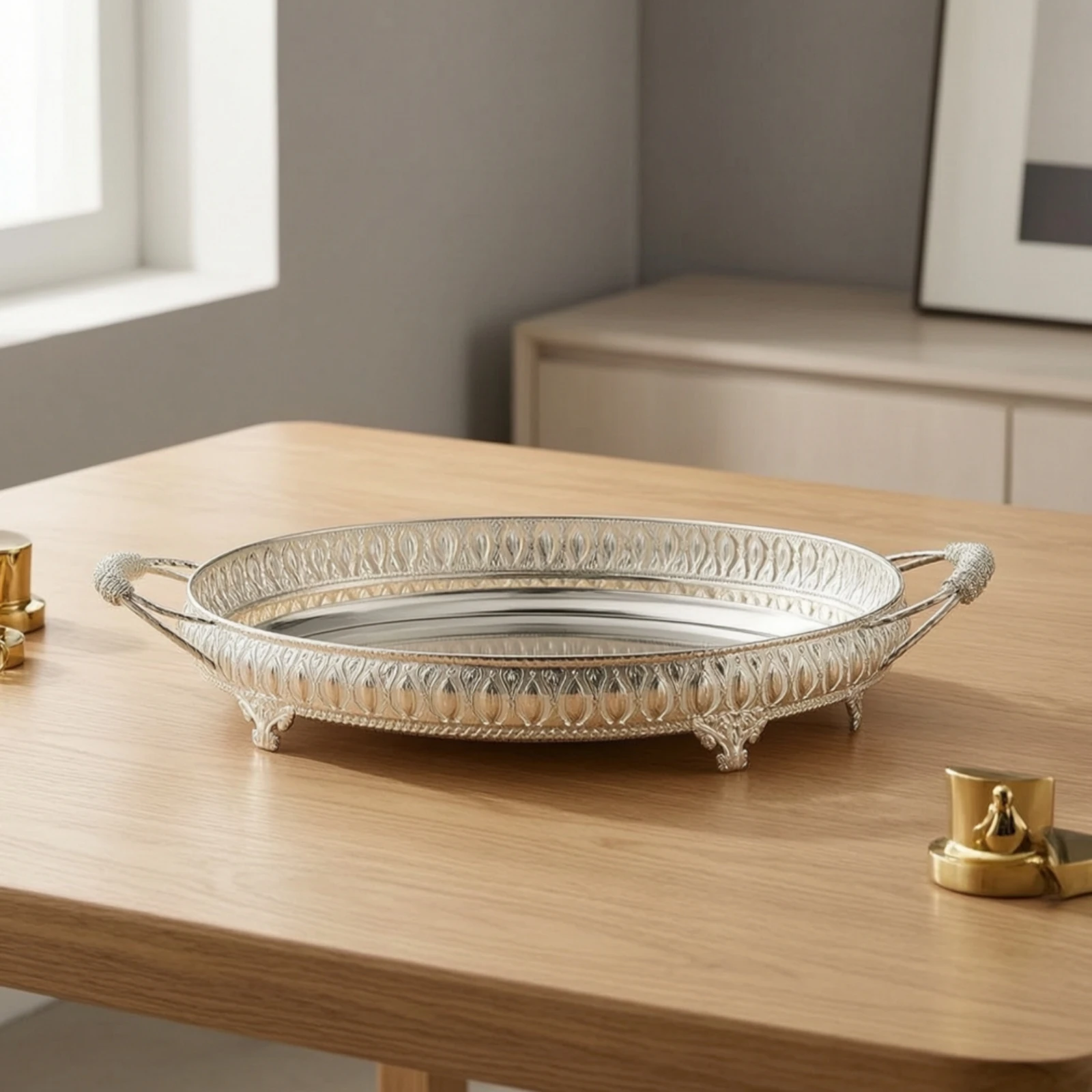 Mirrored Tray with Handles Vintage-Inspired Decorative Tray with Cutout Rim Metal Serving Platter with Feet Stylish Luxury
