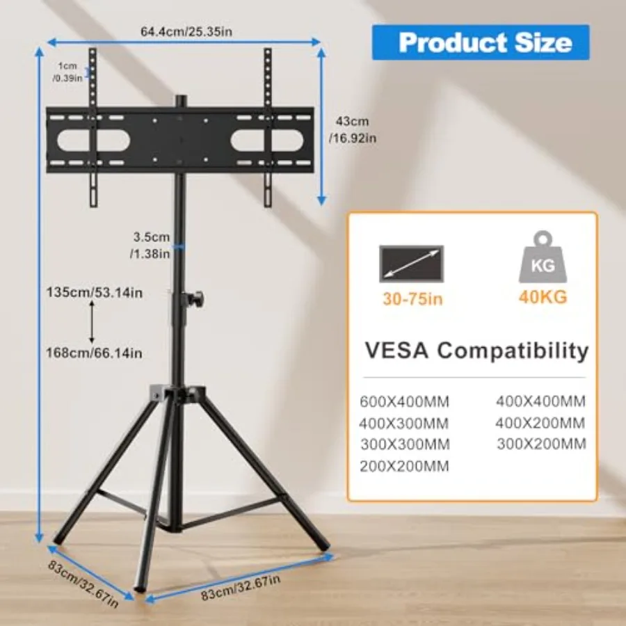 Tripod TV StandOutdoor TV Stand for 30-75 inch TVs Adjustable Height Portable TV Stands with Safety Design up to 88 lbs Max VES view 6