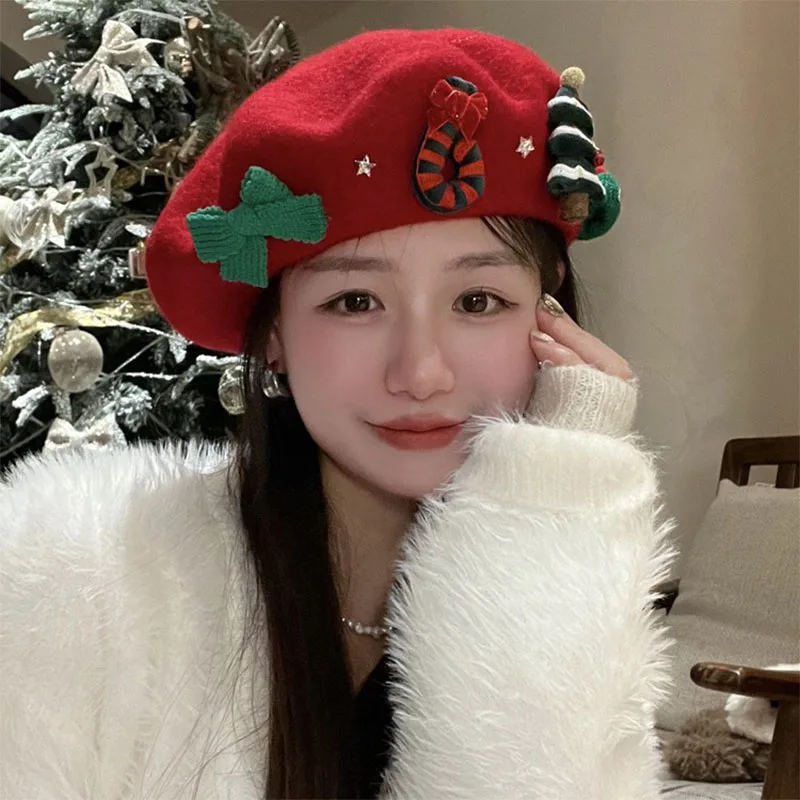 Christmas Hat Red Green Beret Female Winter Headwear Xmas Party Dress Up New Year Gifts Sweet Girl Women Wool Tweed Beret Cap