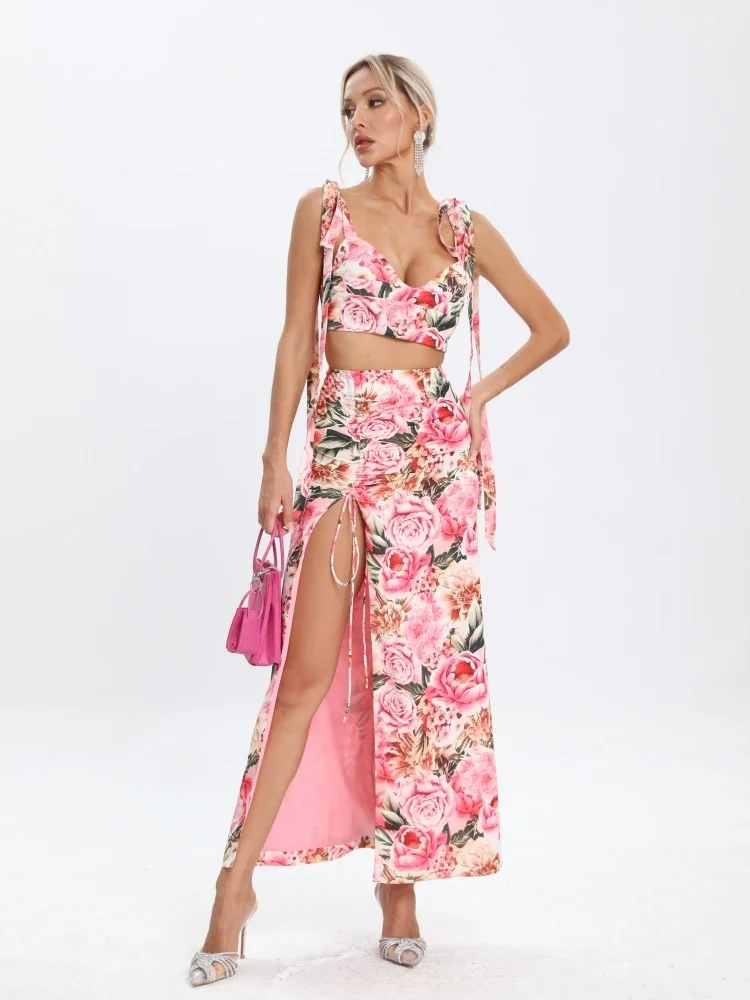 New Summer Women's Printed 2-Piece Suit Sexy Floral Lace-up Backless Crop Top +Split Long Skirts Sleeveless Printing Beach Party