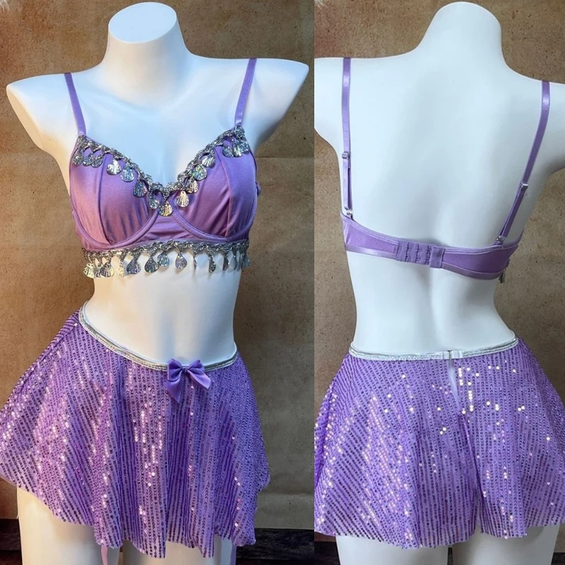 

Sexy Pole Dance Clothing Group Jazz Costume Purple Sequins Top Skirt Women Nightclub Ds Dj Gogo Wear Stage Rave Outfit XS9613