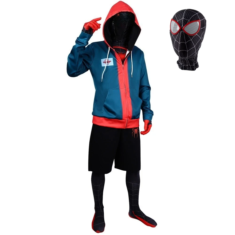 

Костюм супергероя Майлза Моралеса для косплея, комбинезоны, куртка на молнии, толстовки с капюшоном в стиле аниме, зеленые толстовки с капюшоном, одежда на Хэллоуин