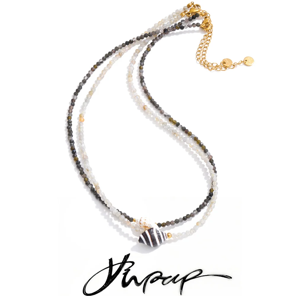 Yhpup Edelstahl-Muschel-Anhänger-Halskette, handgefertigte Accessoires, weiße graue Kristallperlenkette, Sommerhalskette, günstiger Schmuck