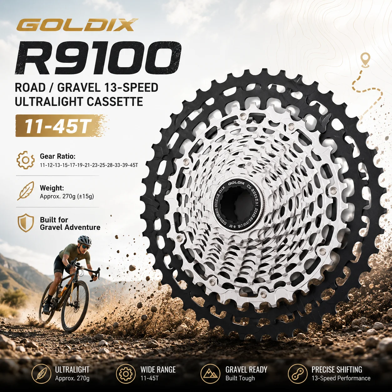 GOLDIX R9100 13-Gang Rennrad-Gravel-Kassette 11-45T Ultraleicht 270g Stahl-Aluminium HG Freilauf für Renn- und Gravelräder