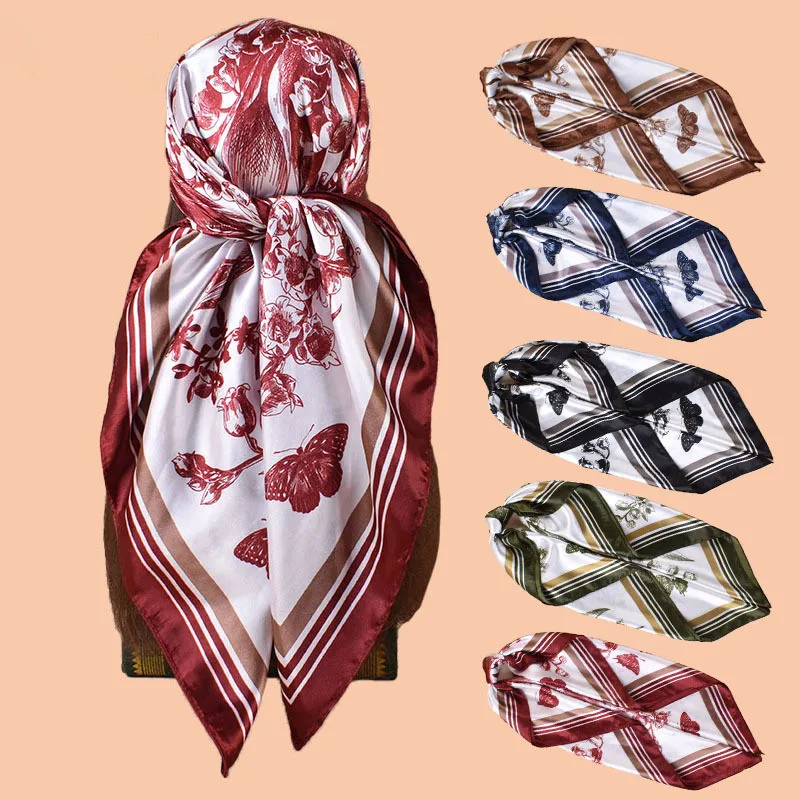 

Шелковые платки с цветочным принтом и бабочками для женщин, квадратные шарфы, фуляры, банданы, хиджабы, женские шейные платки, мягкие шарфы для шеи, головные платки