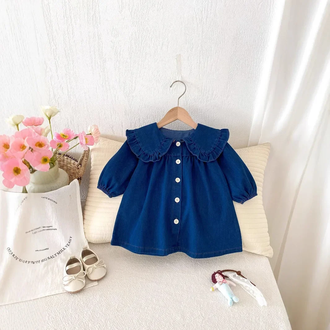 2025 Spring New in Infant Newborn Girls Solid Color Denim Peter Pan Collar Outfits , Toddler Kids Jumpsuits Baby Cute Bodysuits