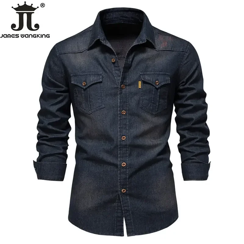 US Size S-5XL Cotton Men\'s Long-sleeved Washed Denim Shirt Casual All-match Button Solid Color outdoor Shirt Male