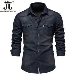 Camisa vaquera lavada de manga larga para hombre, camisa informal de algodón con botones que combina con todo, Color sólido, para exteriores, talla estadounidense S-5XL