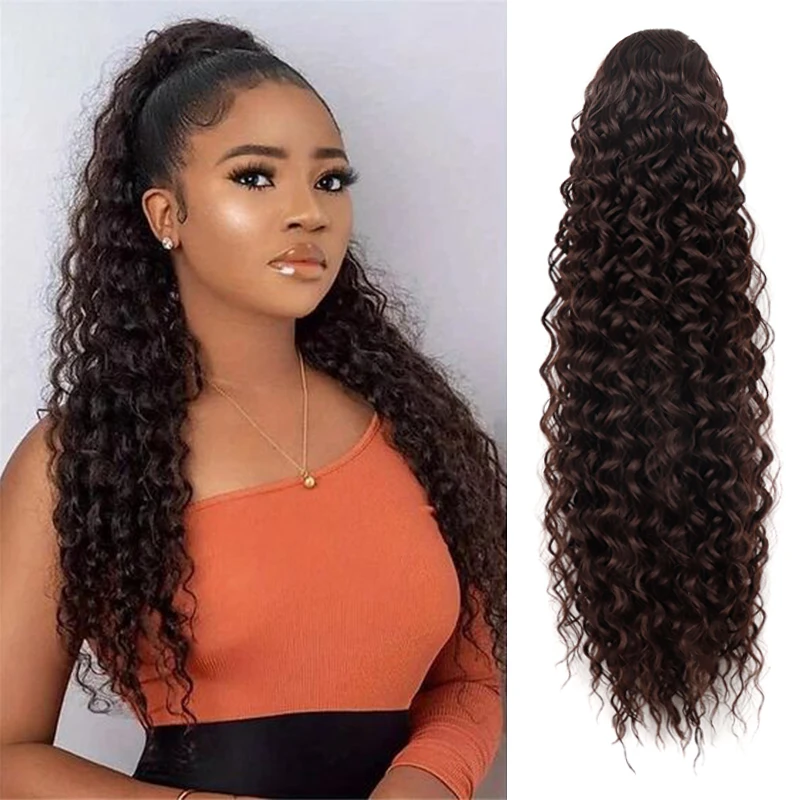 Long Water Curly Ponytail para mulheres, sintético, marrom, profundo, cordão, cabelo falso, 22 ", extensões de cauda de cavalo