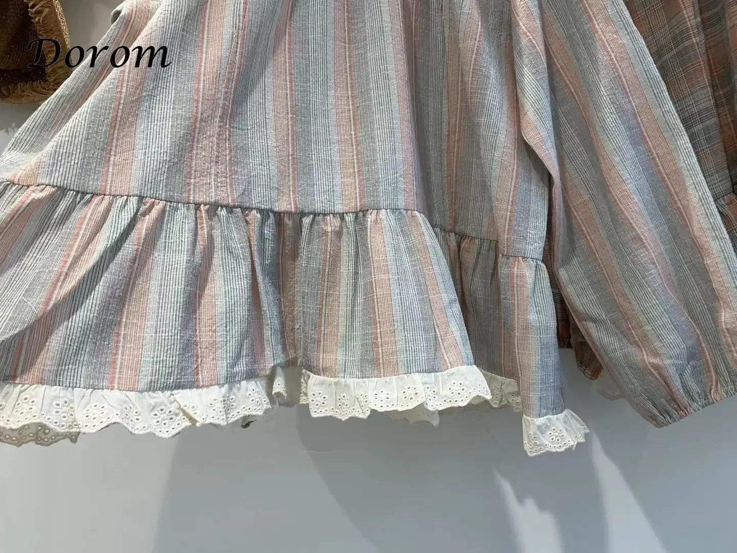 Japanese Mori Girl Plaid Shirt For Women Spring Ruffled Puff Sleeve Kawaii Lolita Tops Female Casual Loose Cotton Linen Blouses