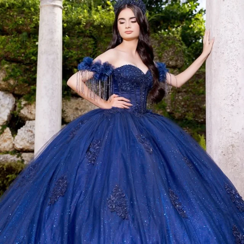 

Shiny Dark Blue Quinceanera Dress crystal Flower Decal Long tail Lace layering beads Vestidos De 15 Quinceanera ﻿Customize