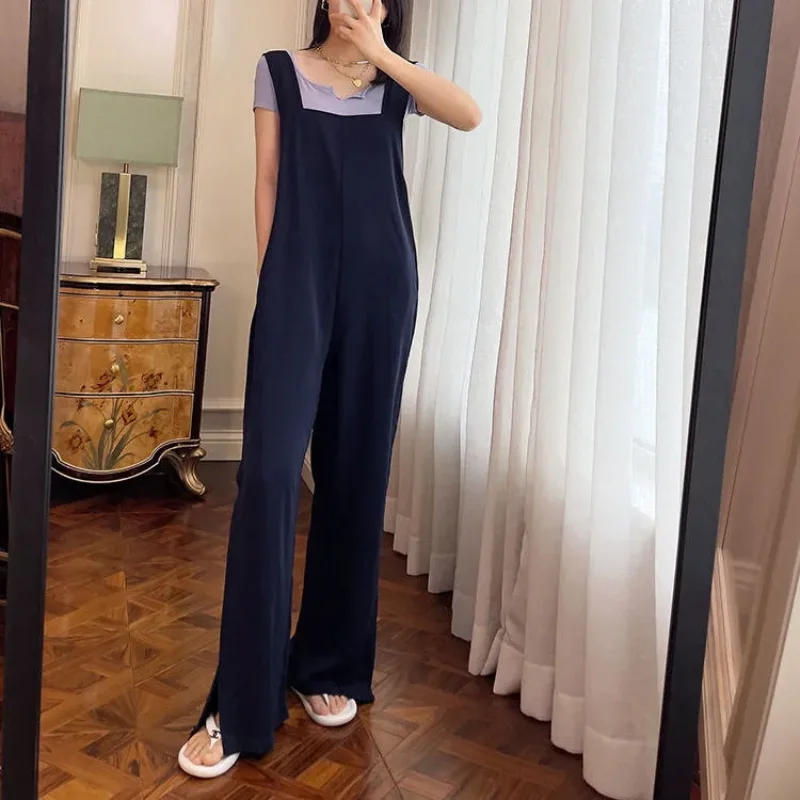 Nowy, niszowy design, uniwersalne i odmładzające, cienkie, rozcięte spodnie na szelkach, jednoczęściowe, z szerokimi nogawkami, do ziemi.