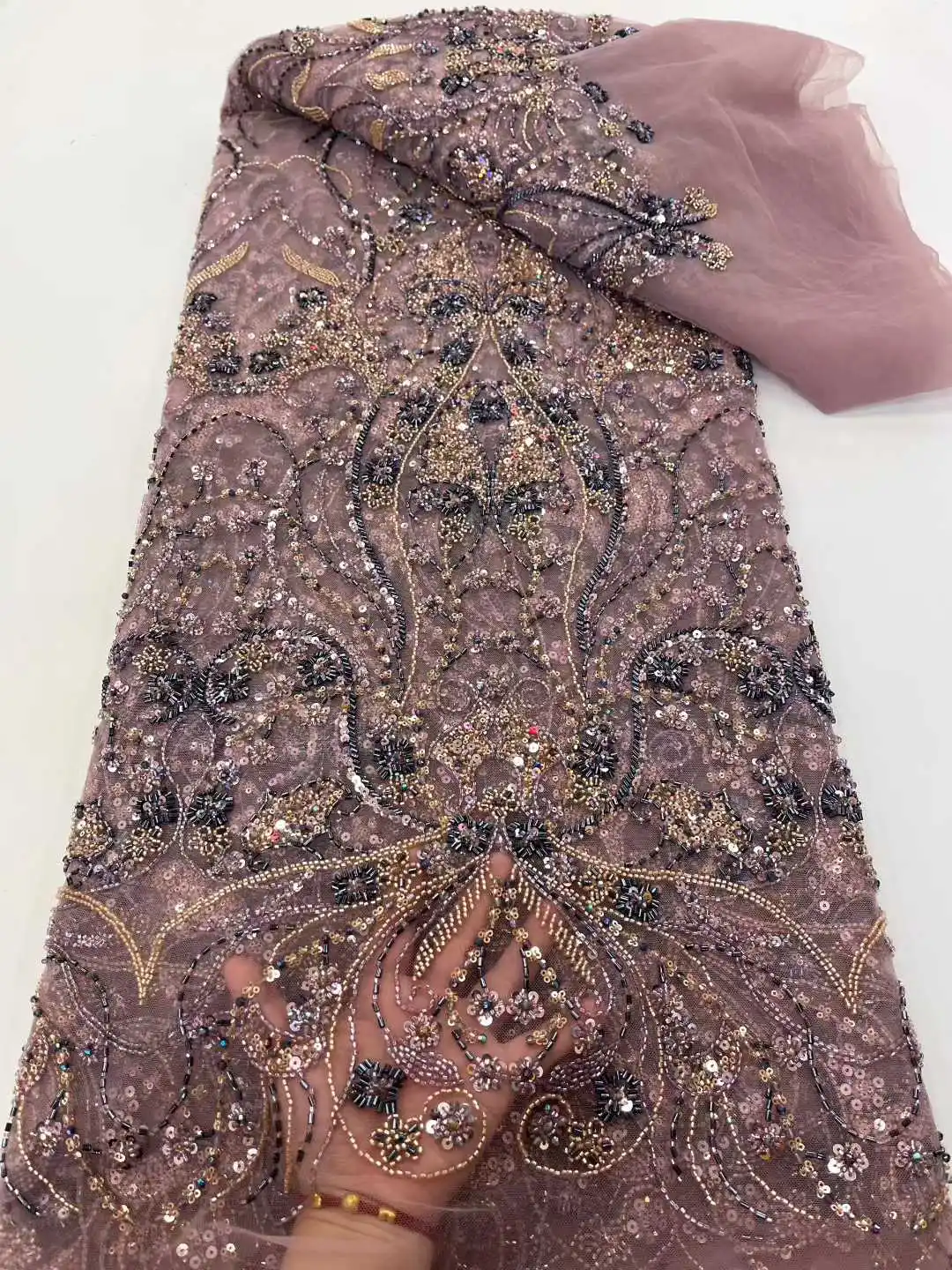 

African Beaded Lace Fabric French Bridal Sequins Lace Fabric 2025 Luxury Nigerian Tulle Lace Fabric Couture Materiel