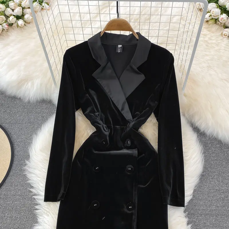 OL High-End Ladies Temperament Slim Suit Collar Color Matching Velvet Dresses Elegant Vintage Double Breasted Robe Jacket H016