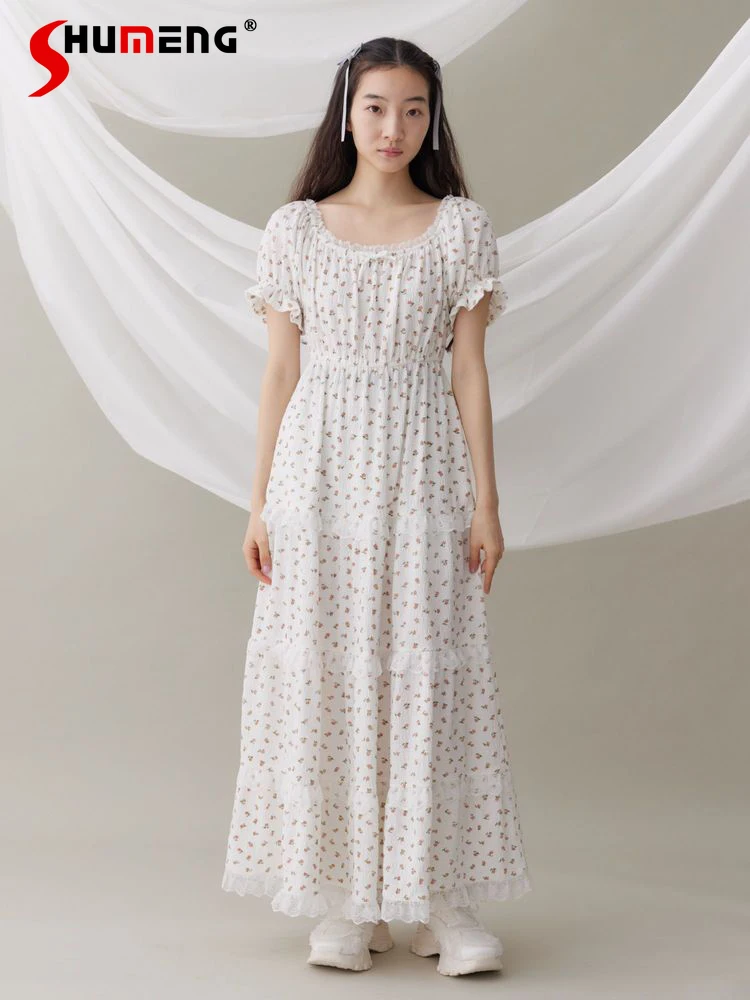 

Japanese Sweet Lace Splicing Print Long Dress 2025 New Summer Girls Sweet Cute Bubble Sleeve Casual Dress Ladies Daily Dress
