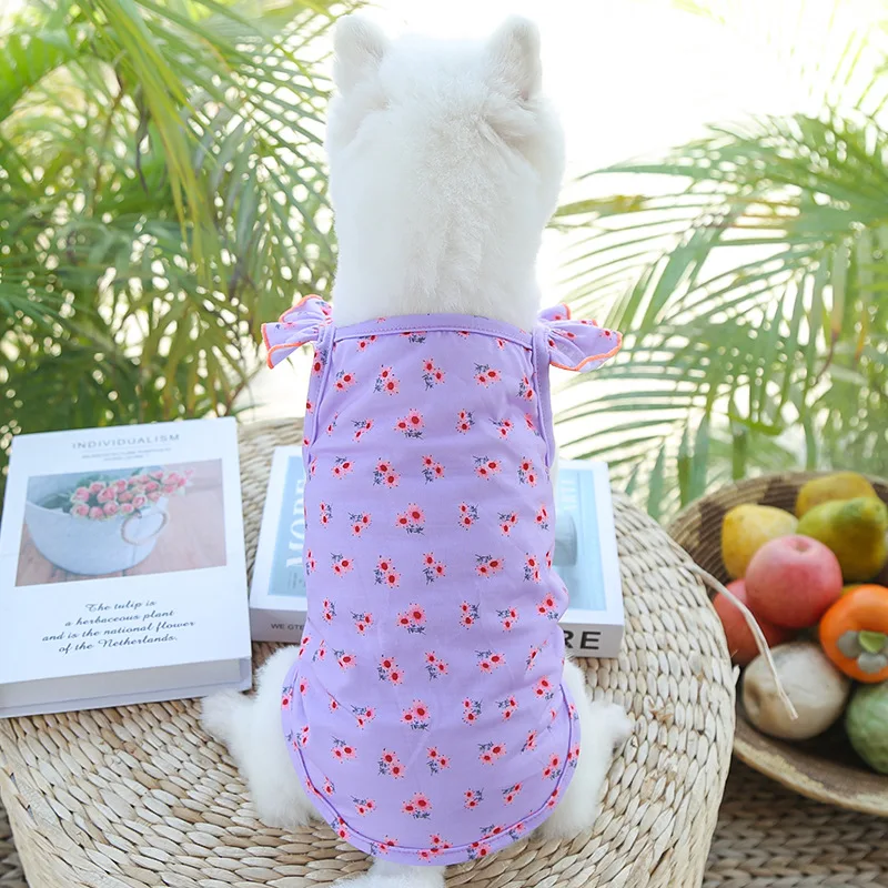 Dog Cat Flying Sleeve Fungus Curling Small Flowers Teddy Bichon Spring Summer Autumn Pet Clothes Supplies Summer Pet Clothes