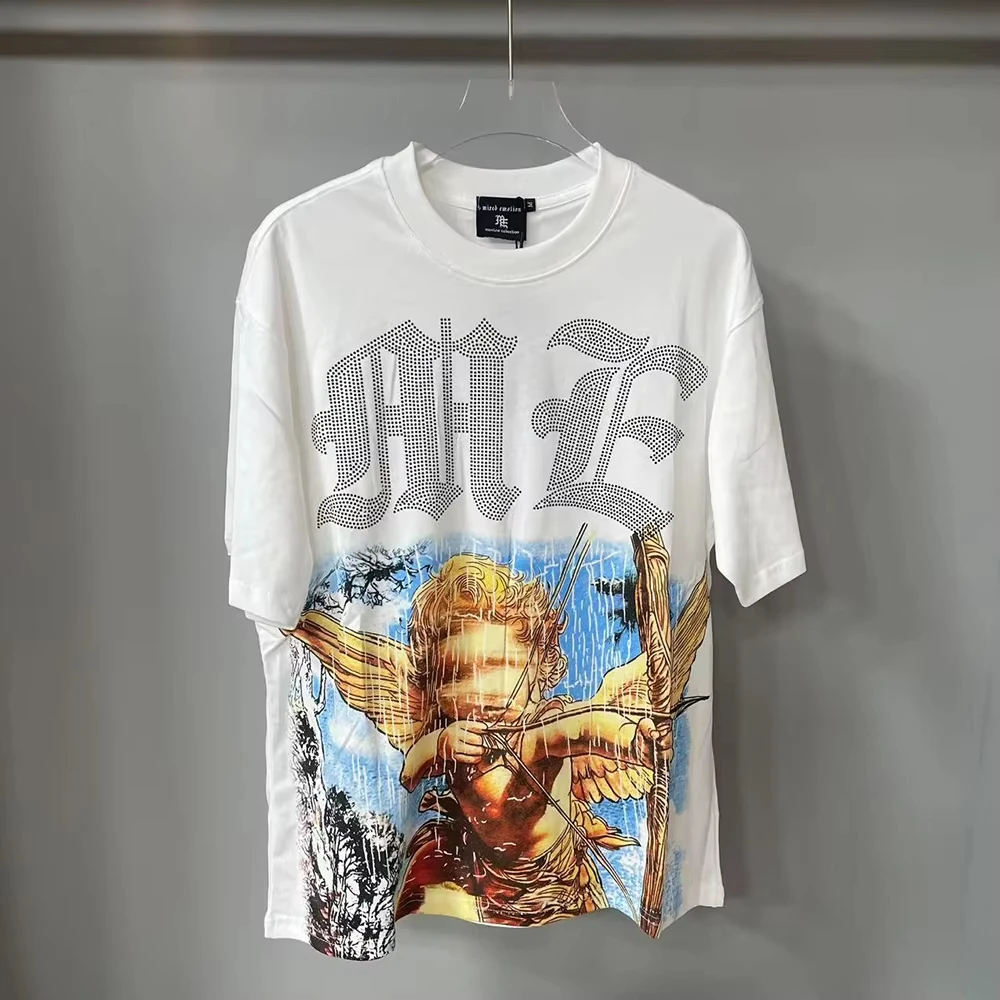 MIXED EMOTION Strass-Kurzarm-T-Shirt für Herren, Schwarz, Streetwear, Baumwolle, Lockerer Rundhals-Oberteil, Oversized Unisex-T-Shirt – Detail 4