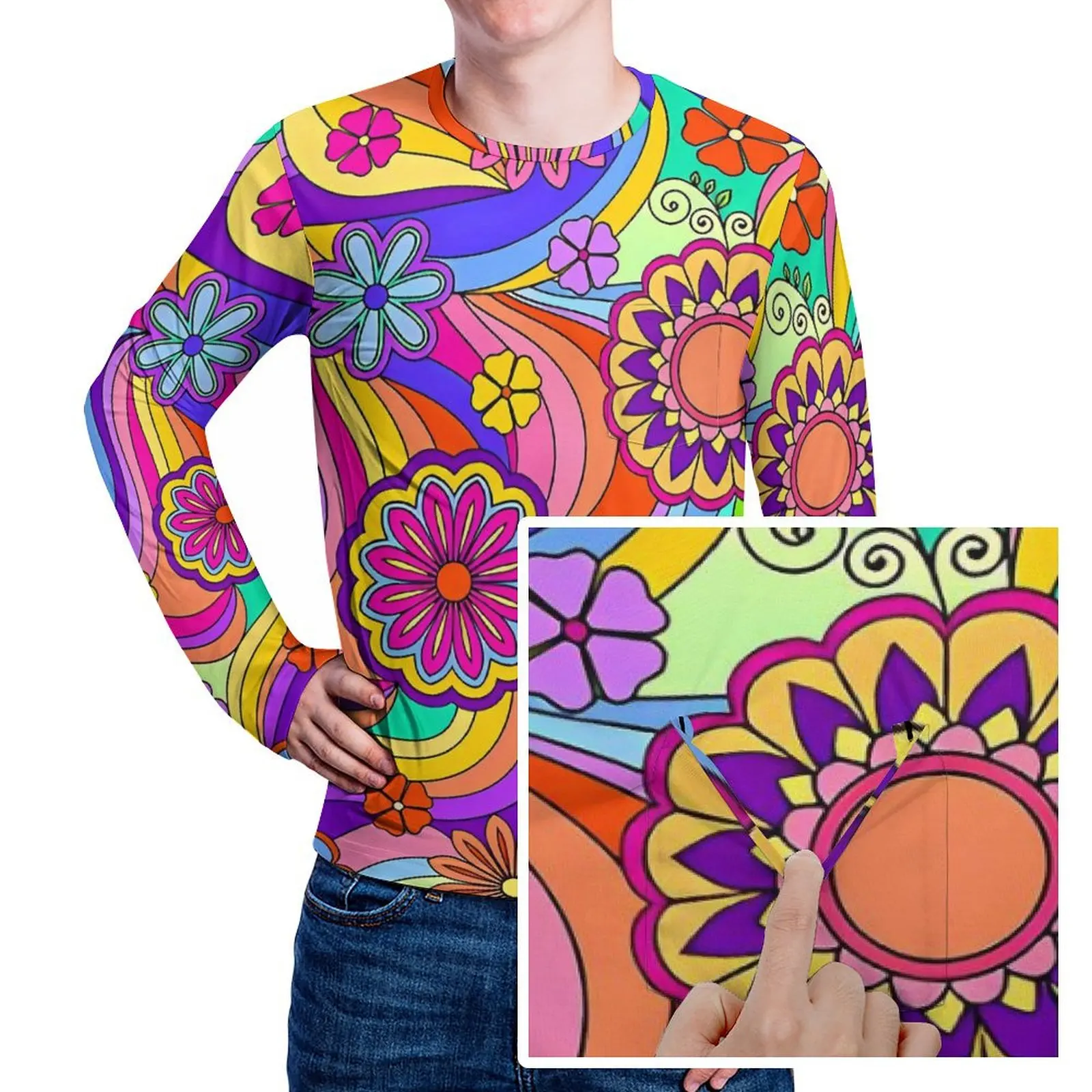 Groovy Psychedelic Flower Power T-Shirt Novelty T-Shirts With Pocket Long Sleeve Print Tops Daily Street Style Oversize Clothes