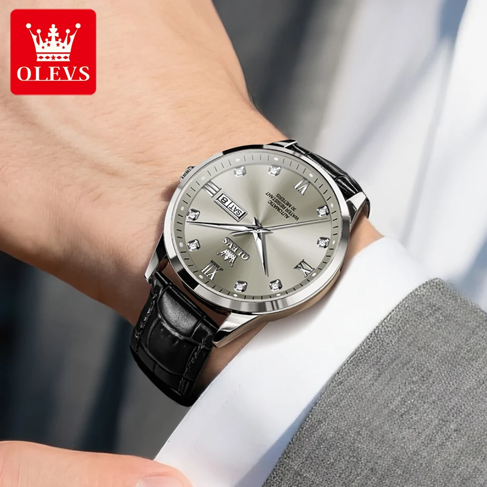 OLEVS 9946, reloj mecánico automático para hombre, reloj informal de cuero con doble calendario, reloj resistente al agua, reloj Formal de lujo para hombres maduros