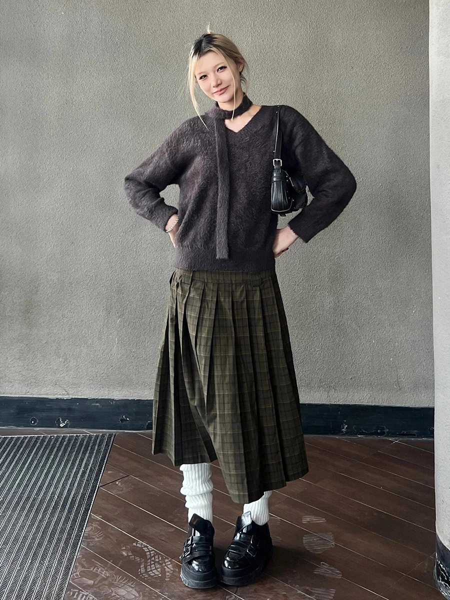 ReddaChic Teen Girl Tartan Pleated Skirt Women Cozy Cotton Casual A-line High Rise Midi Long Skirt School Uniform Retro Clothes