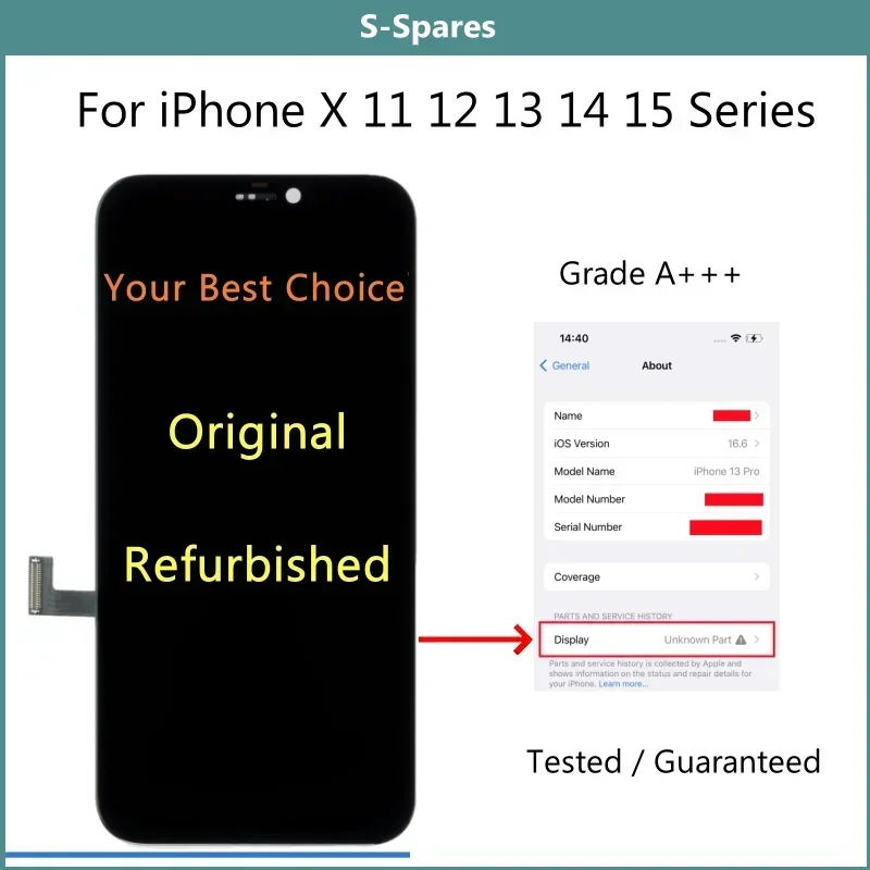 A AA Refurbished Original Screen for iPhone X XS XR 11 12 13 mini 14 Plus 15 Pro Max, LCD Display Assembly, Glass Replaced, Test