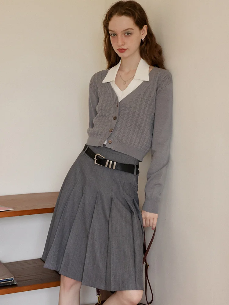 Gray Suit Style Pleated Skirt High Waist Slimming Umbrella Skirt Casual Spring Autumn Women's Fashionable Midi Length Half Skirt