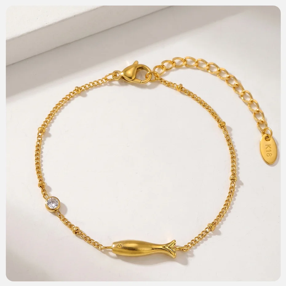 Vnox Minimalistisches AAA Zirkon Armband für Frauen Vergoldeter Edelstahl Fisch-Charm Gliederkettenarmband Sommer Täglicher Schmuck – Detail 5