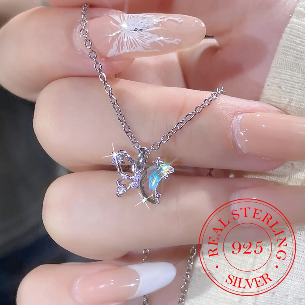 

925 Sterling Silver Jewelry Crystal Star Moon Butterfly Pendant Necklace For Women Choker Chain Wedding Party Jewelry Gift