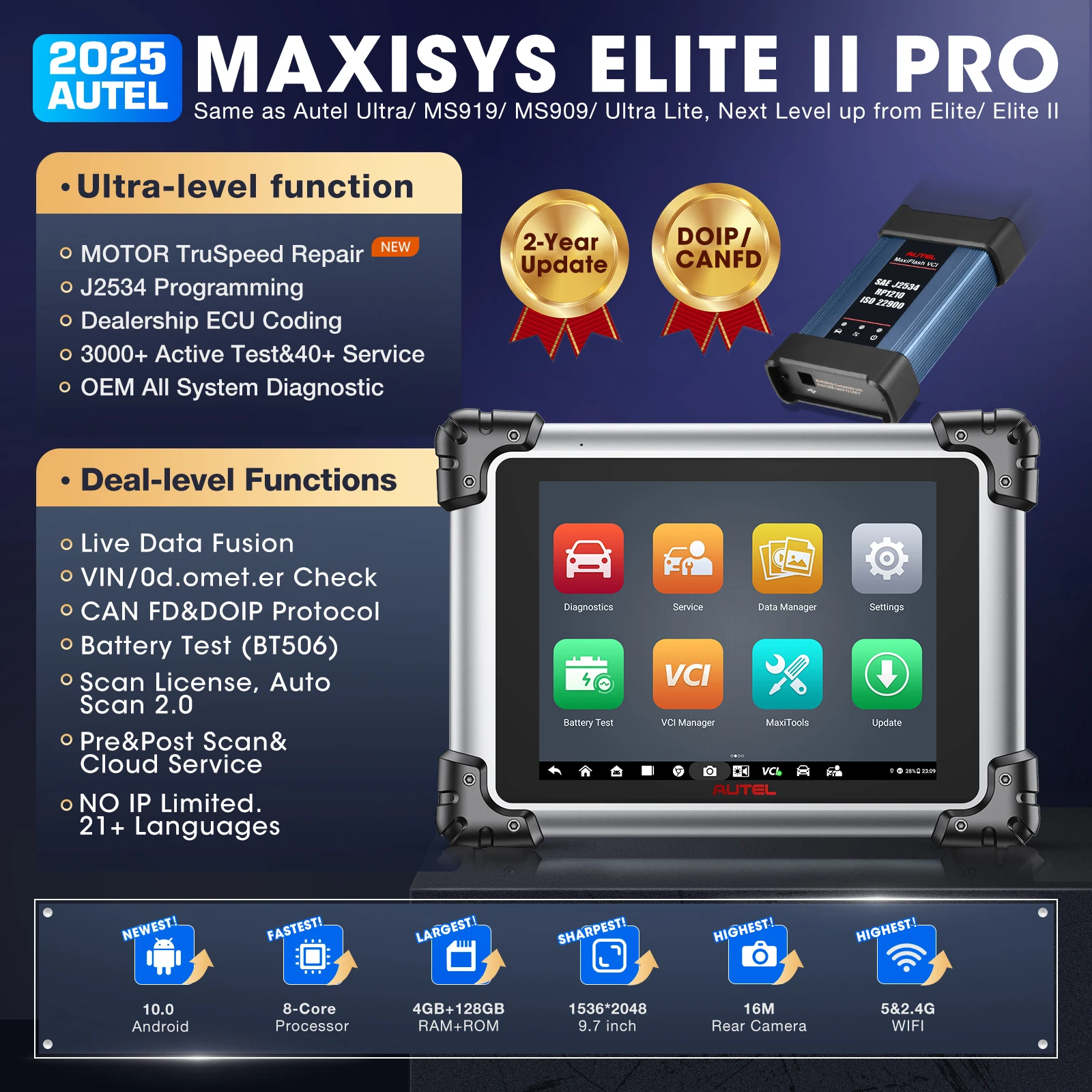 أداة تشخيص السيارة Autel Maxisys Elite II Pro J2534 ECU برمجة ECU محرك ترميز TruSpeed CAN FD/DoIP PK MK908P Elite 2 #2