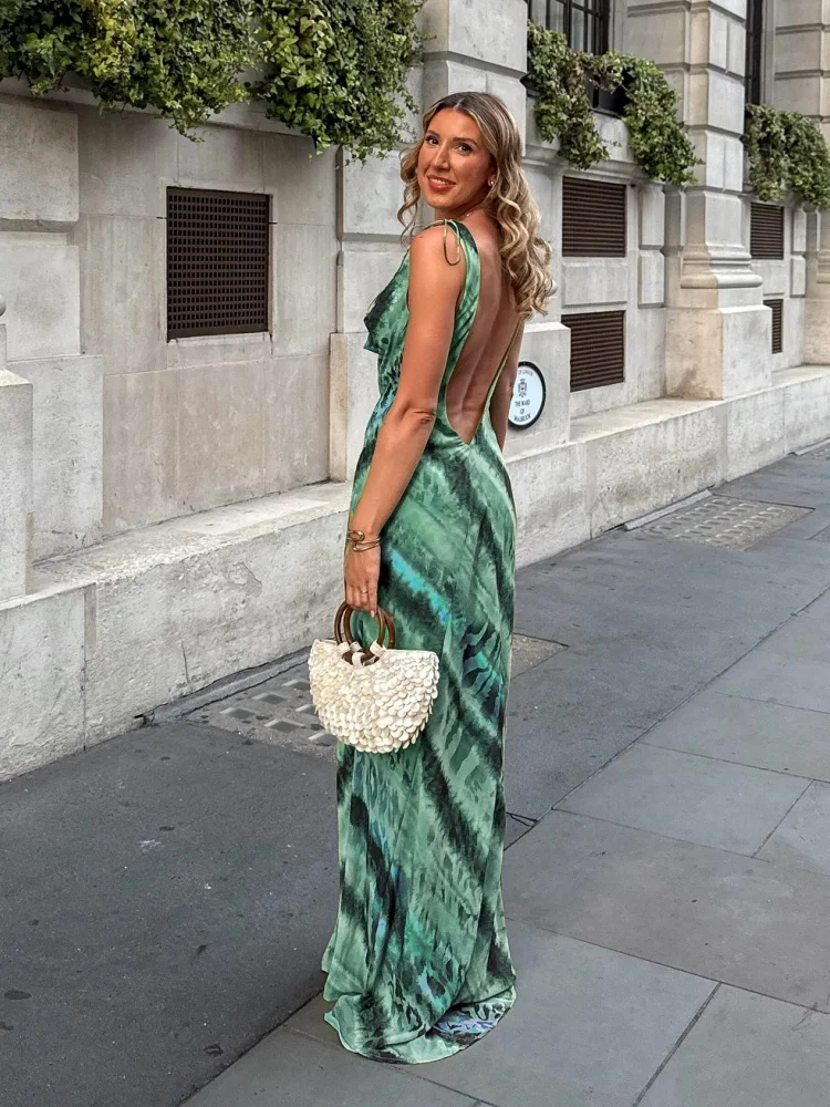 Green Maxi Dress Women Sexy Sleeveless Party Evening Dresses Lace-up Summer Holiday Dress Bodycon Slim Printed Cocktail Dresses