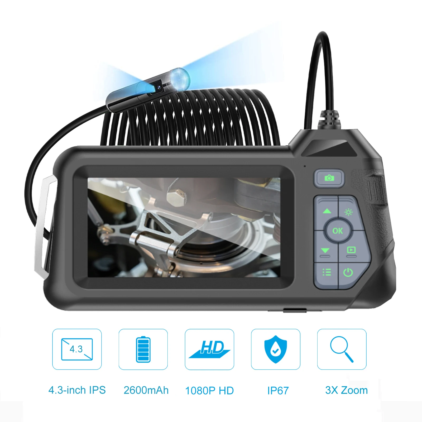 Endoscopio Industrial CMOS, cámara de otoscopio de inspección con pantalla IPS de 4,3 pulgadas, doble lente, Vista frontal lateral, boroscopio