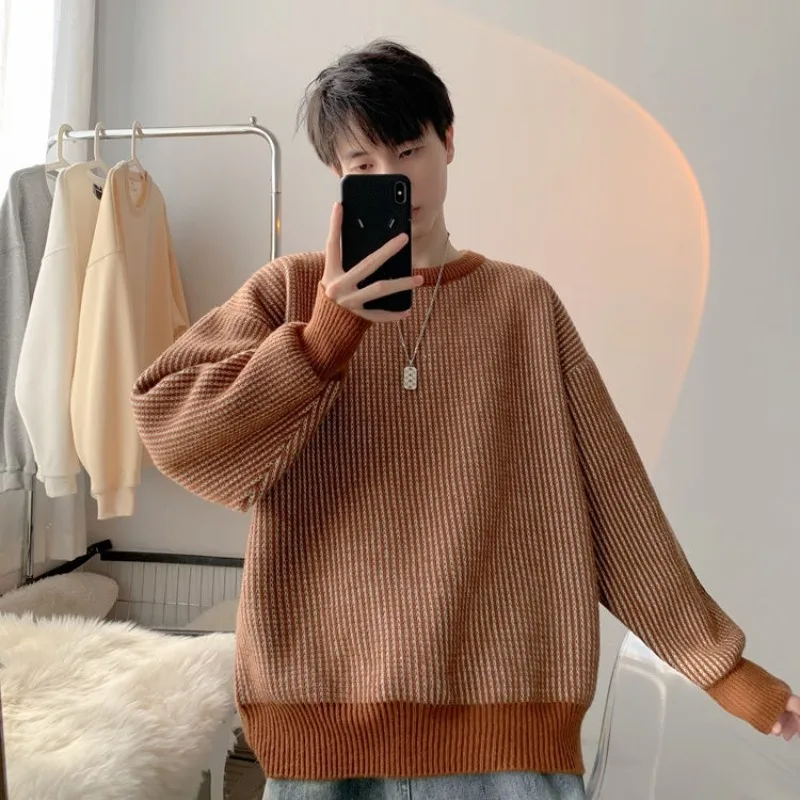 Lazy Style Pullovers Male Round Collar Striped Black Knitwear Leisure Cashmere Cheap Top Streetwear Cable Y2k Men's Knit Sweater